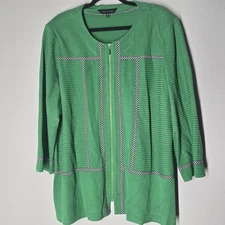 Ming Wang Knit Jacket 2XL Green Black White Gingham Trim Check Career Office