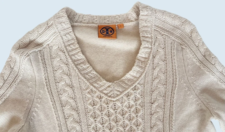TORY BURCH Cream V Neck Cable Knit Wool Cashmere Sweater Size Small - Image 3 of 4