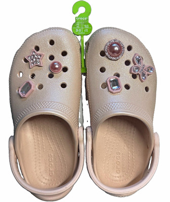 Crocs Classic Shimmer Gem Clog K Girls Kids Size C12 Beige Pink Charms NWT