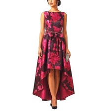 Tahari Floral Satin High-Low Evening Dress Pink Black Formal Party Size 16