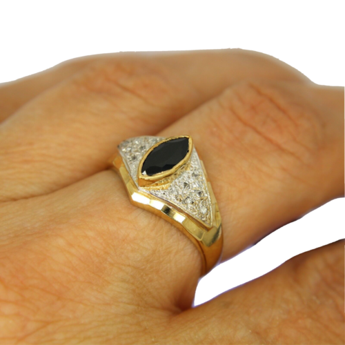 Marquise Sapphire & 0.18ct Diamond Cluster 9ct Yellow Gold ring size P ~ 7 3/4 - Picture 7 of 9