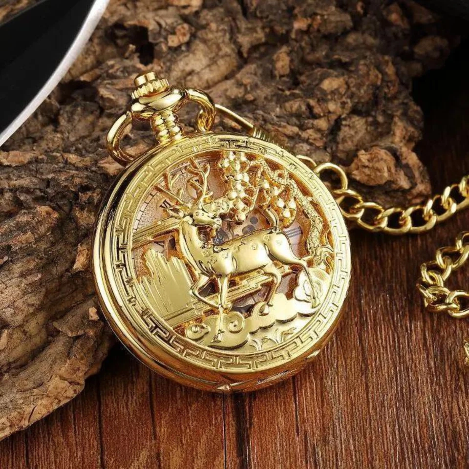 Mechanical Pocket Watch Double Hunter Skeleton Dial Exhibition Deer Engraved NEW - Изображение 4 из 4