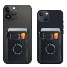Leather Cell Phone Card Holder Pouch Pocket Wallet Stick with Finger Ring Stand
