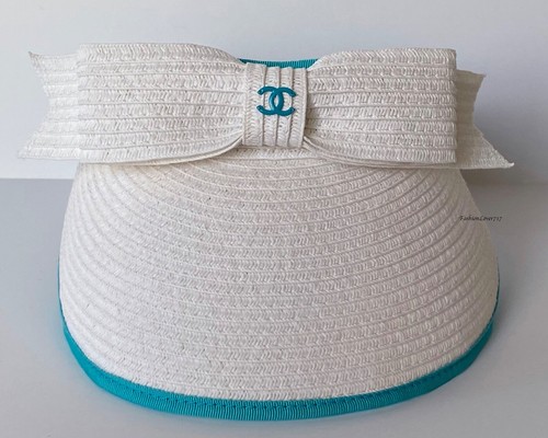 NEW 21S CHANEL WHITE TURQUOISE BLUE PAPIER RIBBON SUN VISOR S - Picture 2 of 10