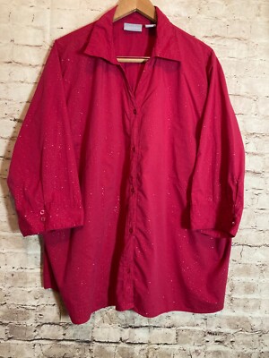 Liz & Me Top Womens 3X Button Up Hot Pink Studded Plus Cotton Square Buttons