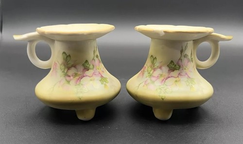 Nippon Candle Holders Hand Painted Green Flowers Handled Set Of Two Vintage