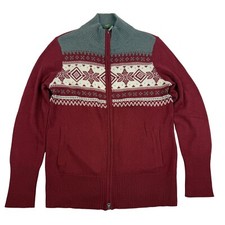 Eddie Bauer Red Gray Fair Isle Full-Zip Mock Neck Sweater Cardigan Sz L Pockets