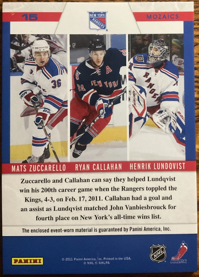 2010-11 Zenith Mozaics Materials Mats Zuccarello/Ryan Callahan/Henrik Lundqvist - Image 2 of 2