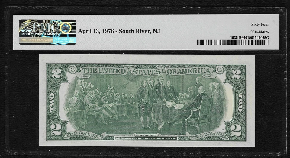 1976 $2 *First Day Of Issue Post Marked* Federal Reserve Note "PMG 64" - Image 2 of 2