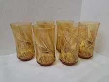 VINTAGE Libby Golden Wheat Amber Drinking Glasses 5" Tall Set Of  6