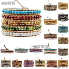Hot Hand Made Natural Gemstones Beads Genuine Leather Wrap Bracelet