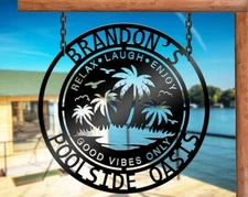 Personalized Family Poolside Metal Sign - Palm Tree Tropical Metal Wall Art