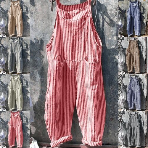 Lockere lässige gestreifte Damen-Latzhose Overall Sommer Overall Baggy Strampler Hose - Bild 2 von 12