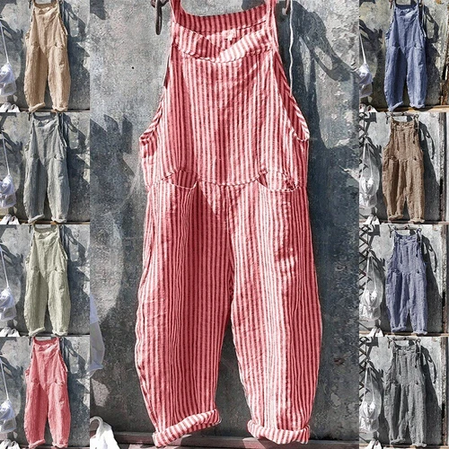Women Loose Striped Dungarees Jumpsuit Summer Overalls Baggy Romper Casual Pants - Afbeelding 2 van 21