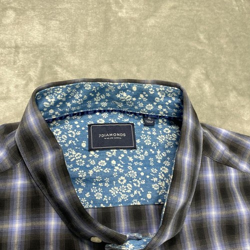 7 Diamonds Shirt Black Blue Plaid Button Down Floral Contrast Stretch Casual - Picture 2 of 11