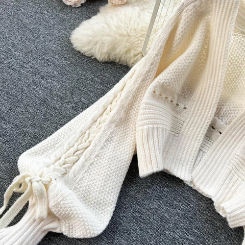Lady Knitted Cardigan Top Coat Puff Sleeve Crop Winter Cute Casual Sweater Sweet - Imagen 12 de 19