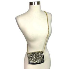 Rare Vtg Michael Morrison Black Leather & Rhinestone Micro Purse W/gold Chain
