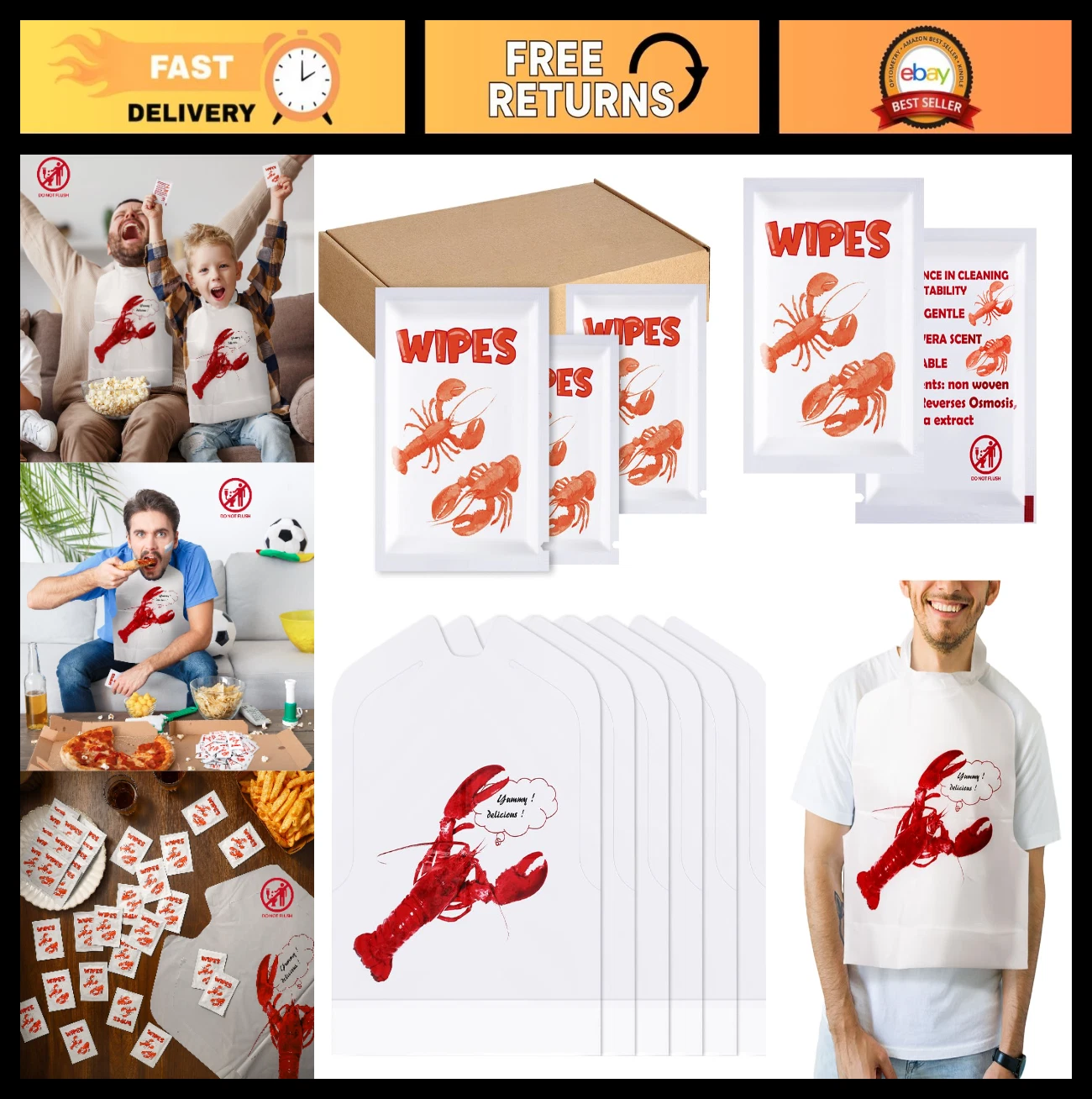100 Pcs Disposable Lobster Crab Bibs & Moist Towelettes Set for Seafood Boil Par