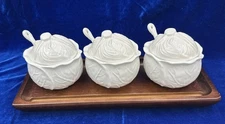 Mikasa Spring Countryside 3 White Cabbage Covered Condiment Bowls Spoons & Board