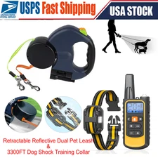 Retractable Reflective Dual Pet Leash Lead & 3300FT Dog Shock Training Collar
