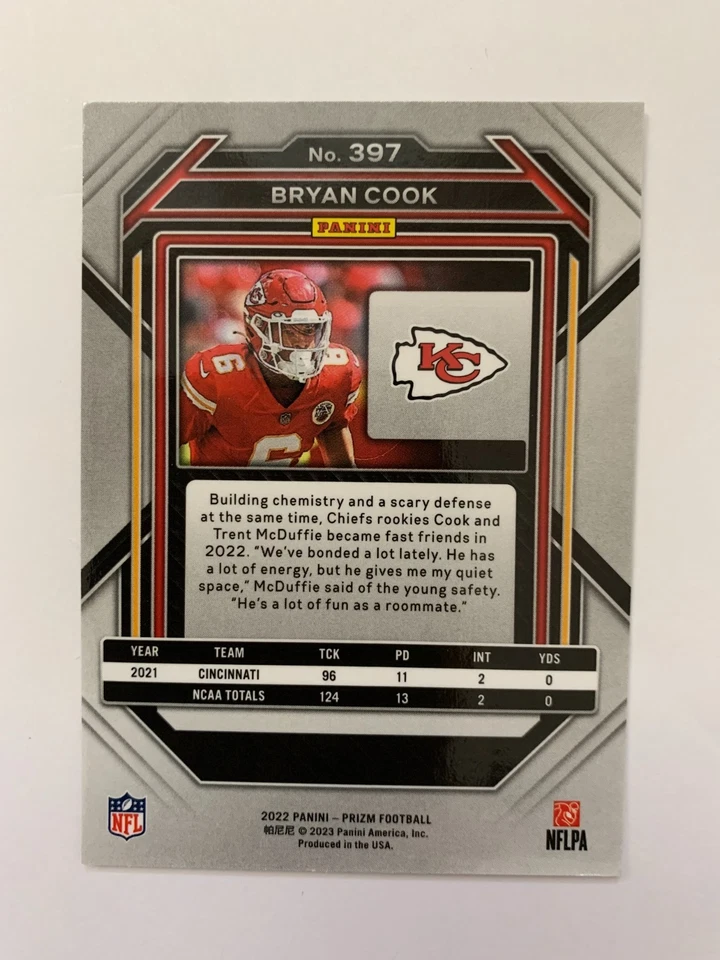 Bryan Cook Rookie Base 2022 Panini Prizm Football #397 Chiefs RC - Image 2 of 2