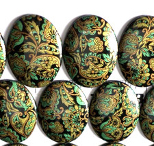 4 Vintage 40x30mm Green Gold Floral Paisley Design Acrylic Cameos Cabochons