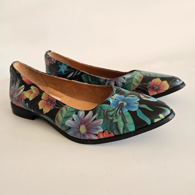 DOUBLE YOU Damen Ballerinas 37 Mehrfarbig Leder Blumenmuster spitz Slip-On