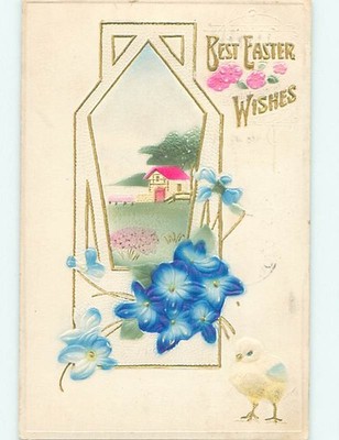 Divided-Back Easter BABY CHICK WITH AIRBRUSHED BLUE FLOWERS AND HOUSE o5843