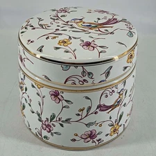 Pink Floral flowers birds ceramic candy trinket dish w lid gold trim