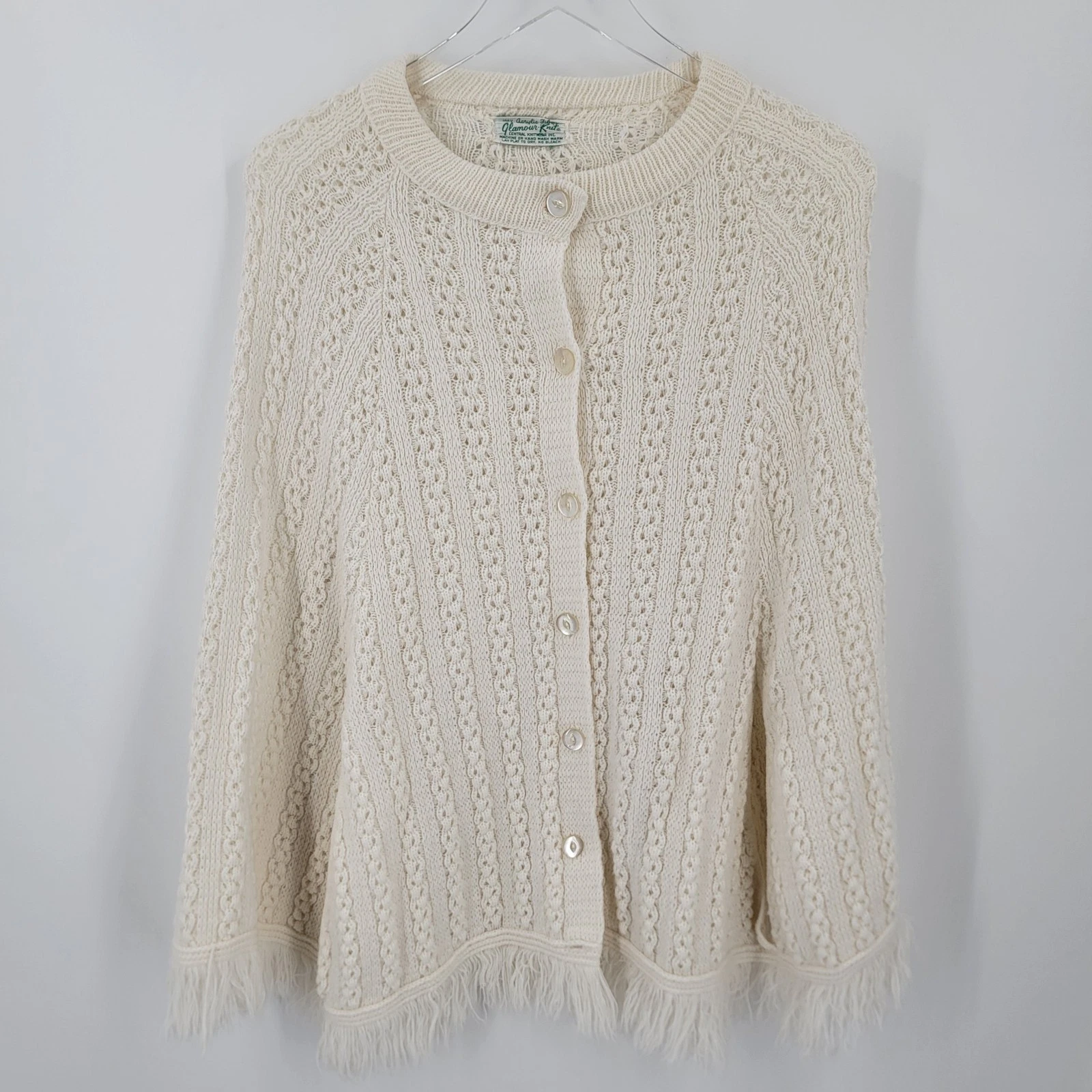 Glamour Knit Poncho Womens One Size Cream Button Up Arm Slits Boho Vintage