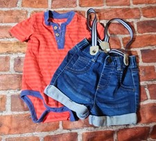 Cat  Jack Baby Boy Bodysuit and Denim Shorts Set with Suspenders Sz 3-6 Months