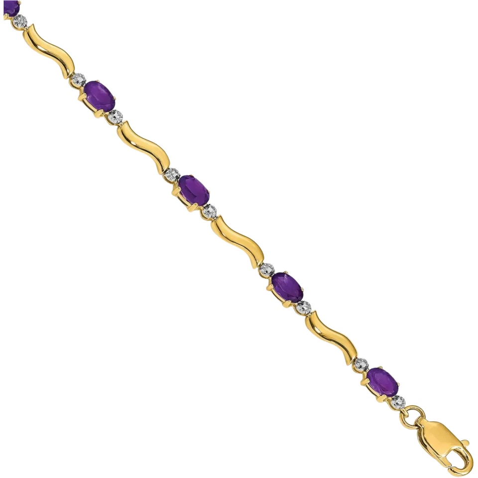 10K Solid Yellow Gold Diamond Amethyst Tennis Bracelet - Image 4 of 4