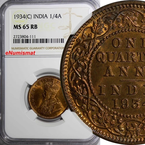 India-British George V Bronze 1934 (C) 1/4 Anna NGC MS65 RB NICE RED KM# 512 (1)