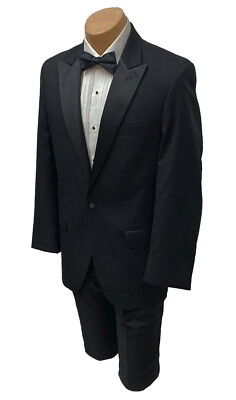 Men's Jean Yves Black Tuxedo Satin Peak Lapels Big & Tall 50L Jacket & 45W Pants