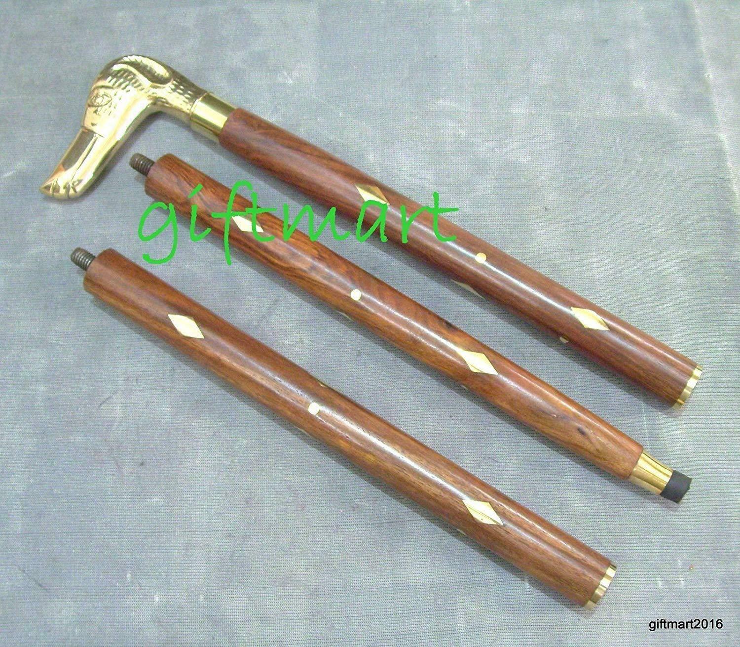 3 Fold Wooden Walking Stick Cane with golden Finish Plated Brass Knob Dog Handle-image