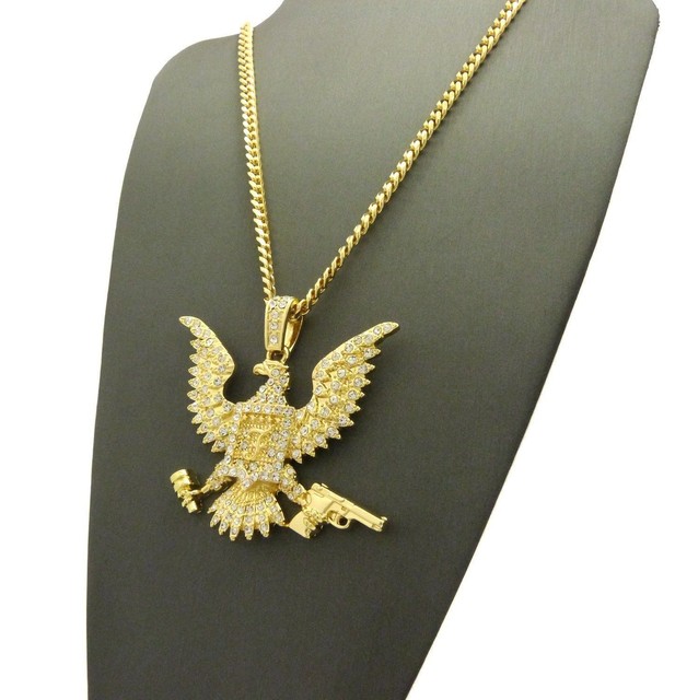 ICED FLYING EAGLE HOLDING GUN PENDANT W/ 24" BOX, ROPE, CUBAN CHAIN
