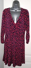 Oasis Navy Red Hearts Print Jersey  Stretch Tea Dress Midi  Wrap Dress Size L 16