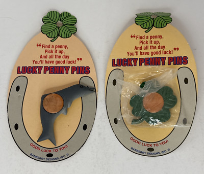 Lucky Penny Pins Lot of 2 Dolphin & 4 Leaf Clover Vintage 1996