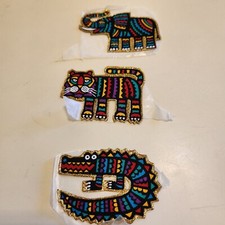 3 Iron On Jungle Animals Patches Tiger Elephant Crocodile 3" Bold Colors w Gold