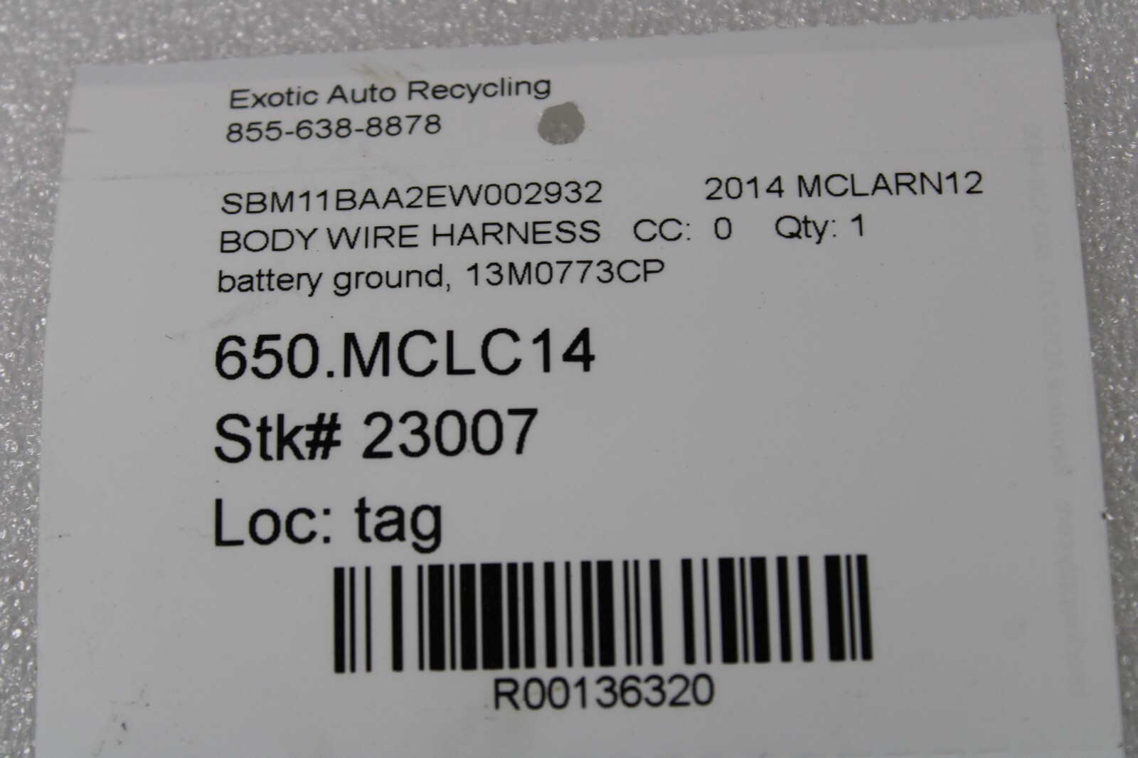 McLaren MP4-12C, Battery Ground Wire Harness, Used, P/N 13M0773CP