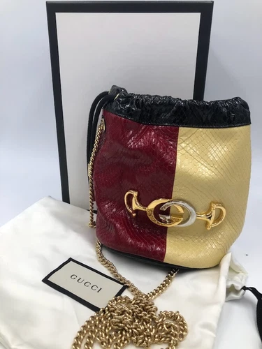 Gucci Zumi Tricolored Snakeskin Drawstring Crossbody Bucket Bag