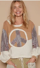 POL Tyler Peace Sign Sweatshirt Boutique BOHO Terry Top in Latte NEW Sz M