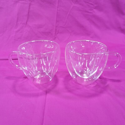 Set of 2 Heart Shaped Coffee/ Tea Transparent Double Wall Mugs Valentines Day