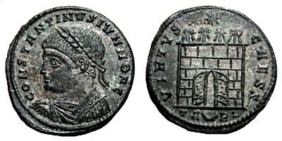 *AET* CONSTANTINUS II AE3 (Centenonial). EF+. Arelate mint. Four Towers.