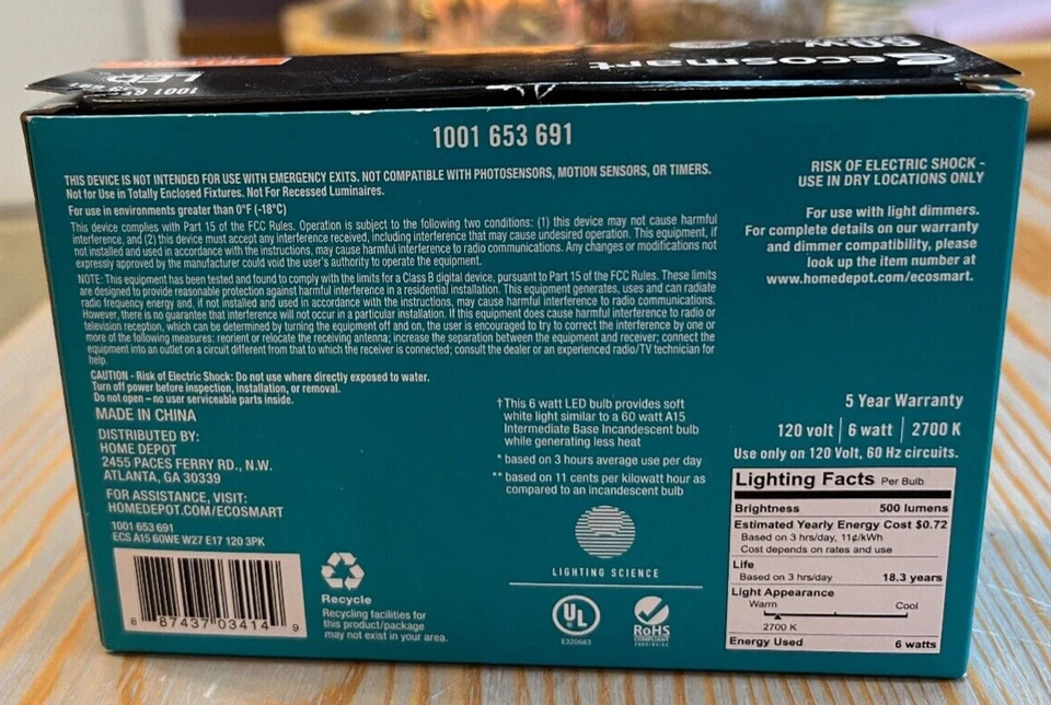 EcoSmart LED Light Bulbs 6W dimmable soft white intermediate base 3-pack NIB - Image 2 of 4