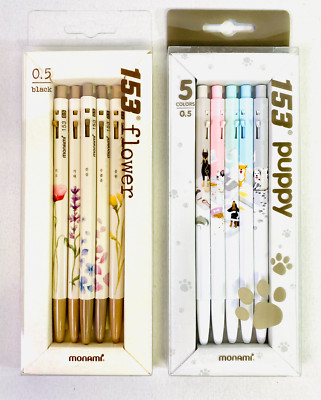 2 Sets Monami Ballpoint Pen Gift Set of 5 - 153 Flower & Puppy Edition (0.5mm)