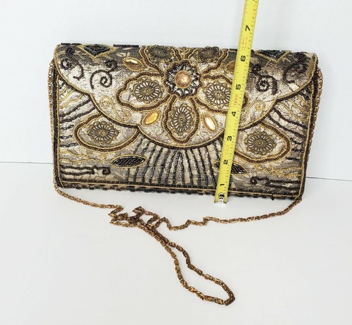 Vintage Gold Beaded Rhinestone Evening Bag Clutch Purse Ladies - Picture 8 of 9