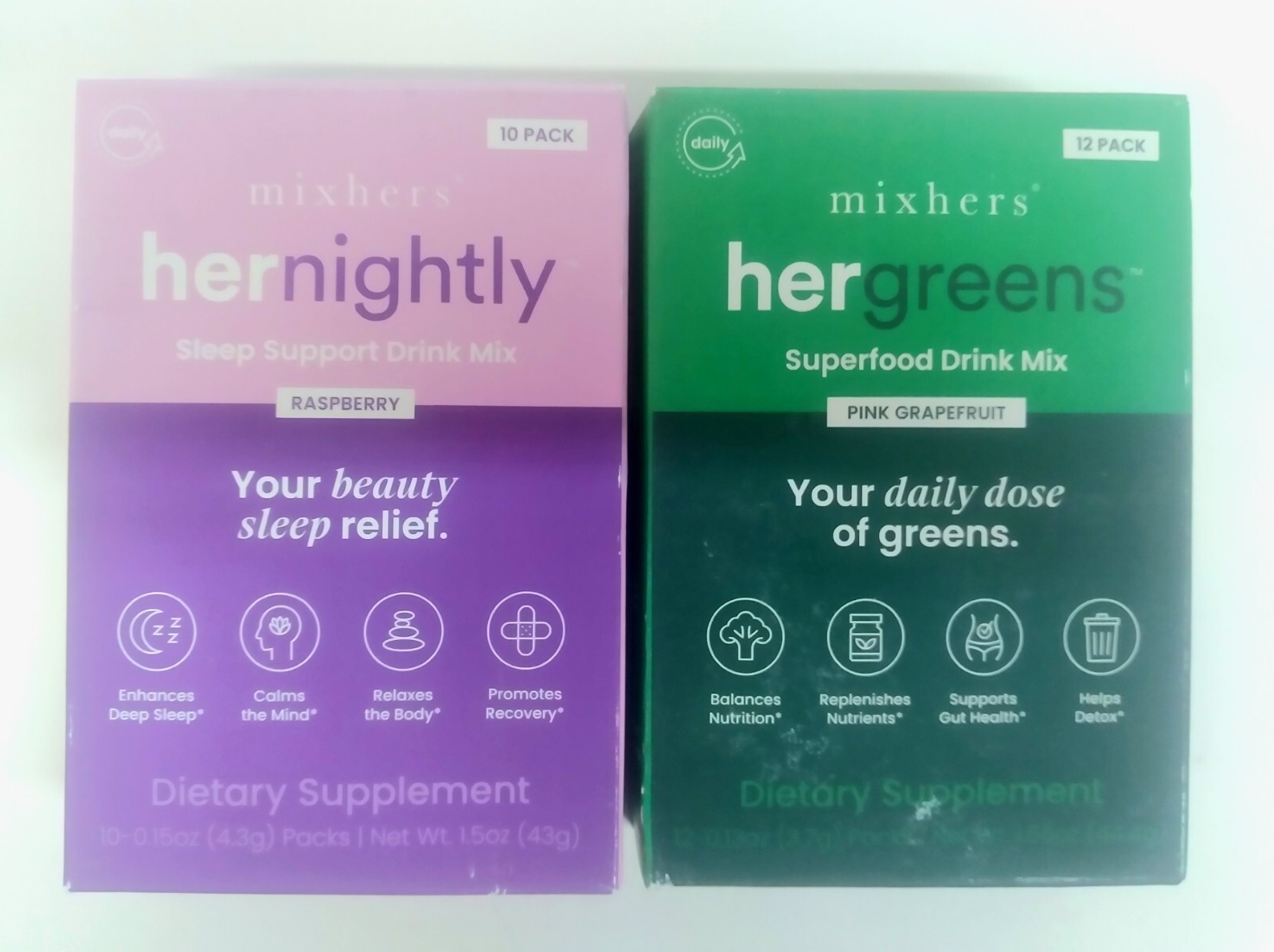 Mixhers Drink Mix 1Pk Hergreens Superfood & 1Pk Hernightly Raspberry