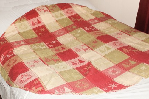 2006 Sam Hedaya Cotton Tablecloth 60” Dia Ivory Russet Olive Deer Trees India - Imagen 4 de 11