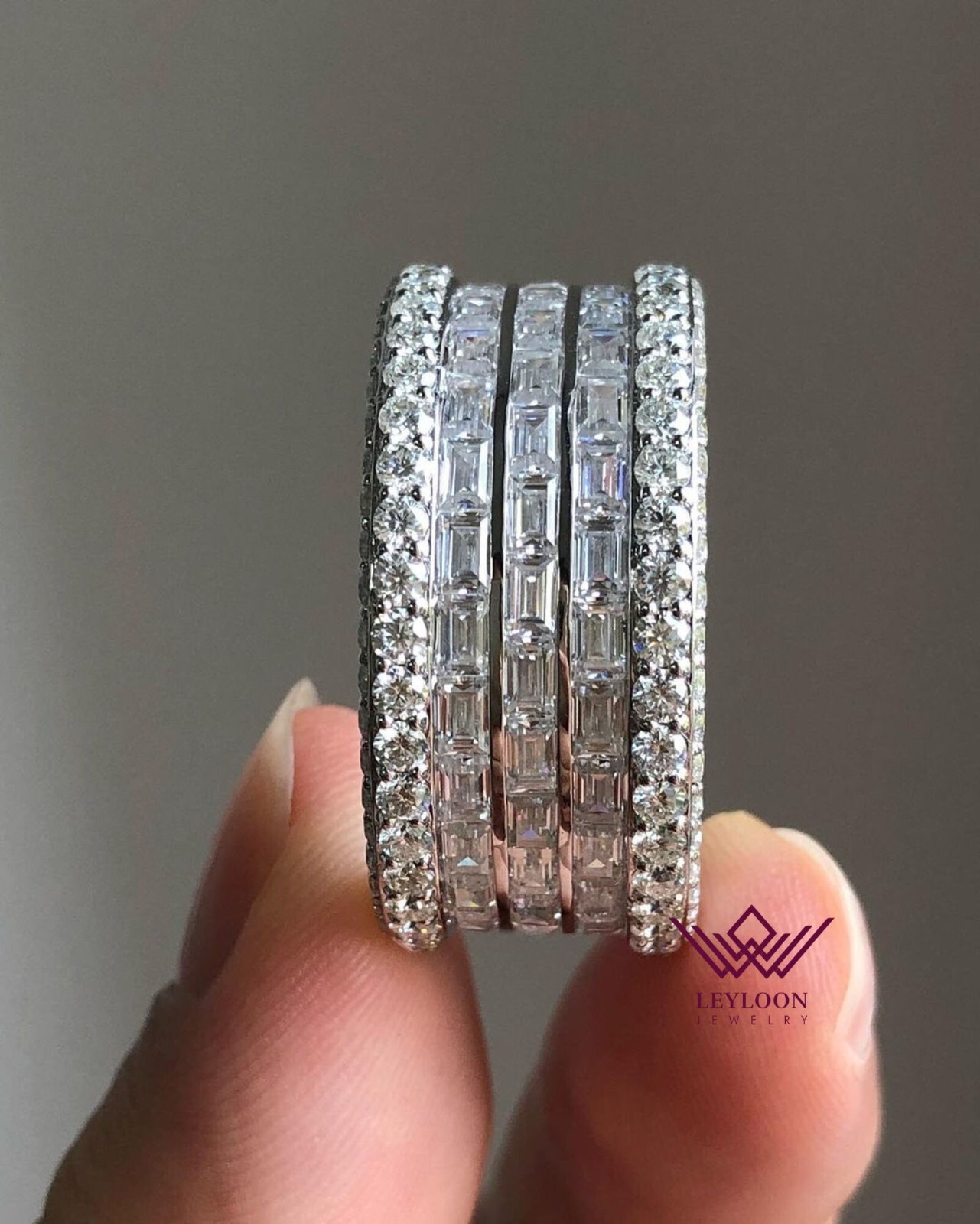 10K Gold Moissanite Eternity Band with Baguette & Round Cut Stones